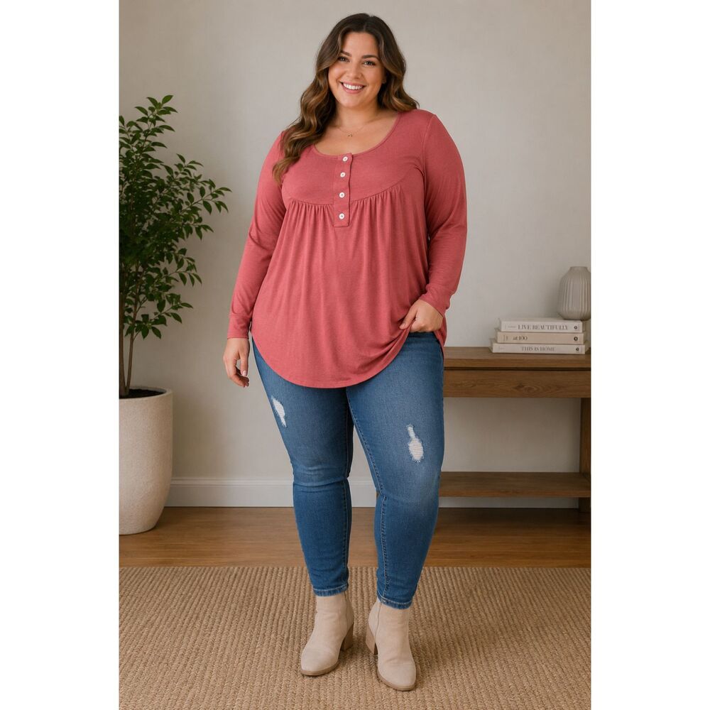 Zenana 3X Coral Pink Henley Babydoll Top Plus Size Long Sleeve Tunic